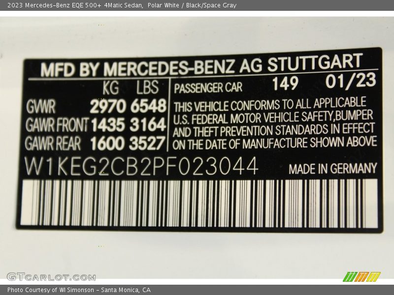 2023 EQE 500+ 4Matic Sedan Polar White Color Code 149