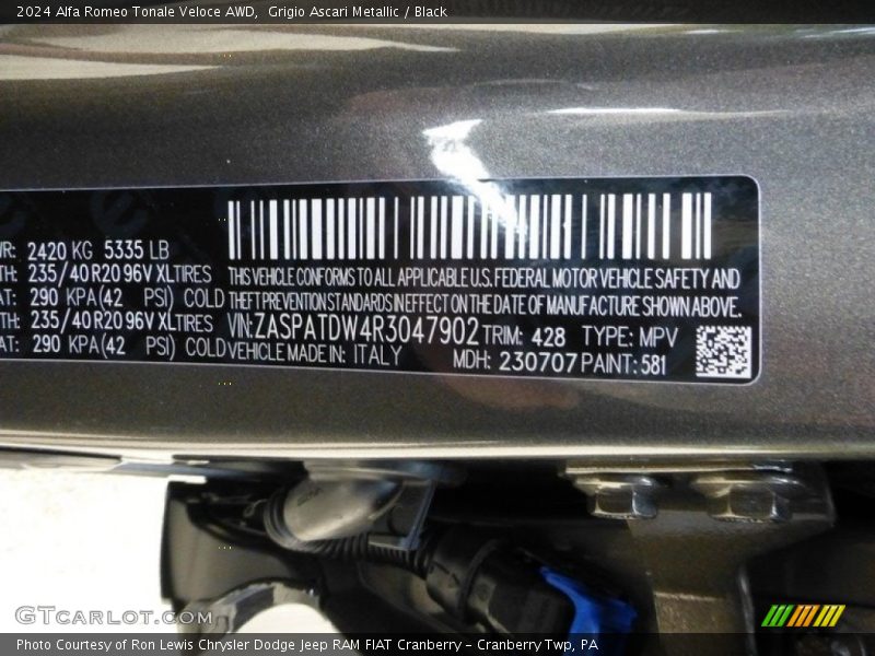2024 Tonale Veloce AWD Grigio Ascari Metallic Color Code 581