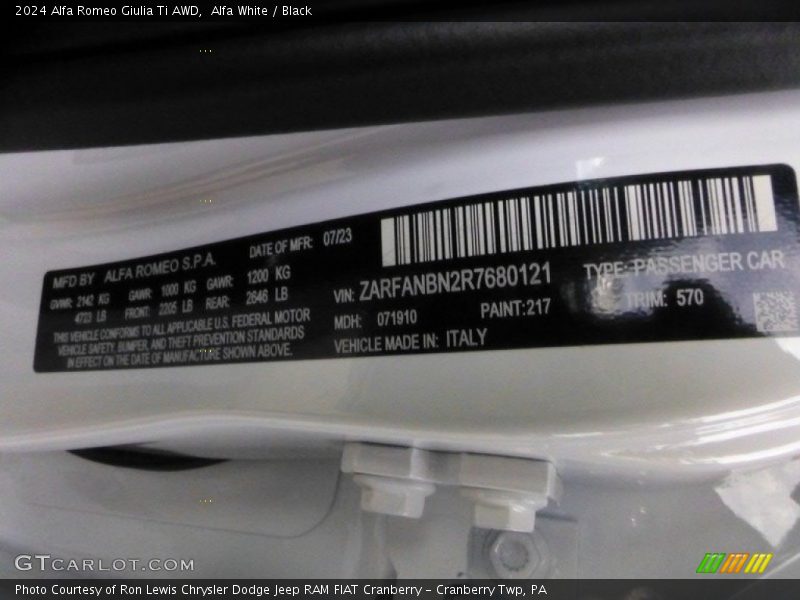 2024 Giulia Ti AWD Alfa White Color Code 217