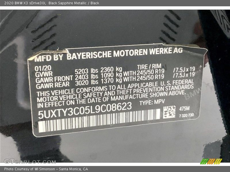 Black Sapphire Metallic / Black 2020 BMW X3 sDrive30i