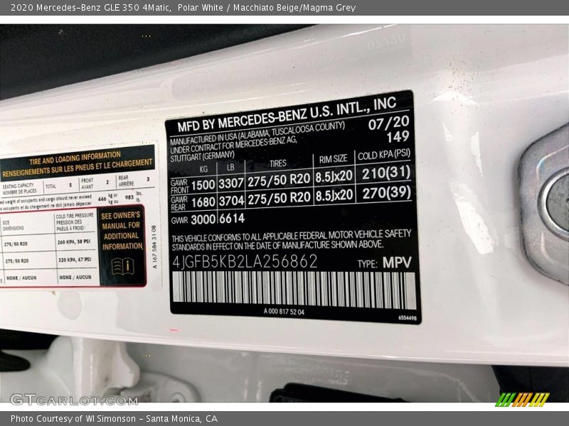 2020 GLE 350 4Matic Polar White Color Code 149