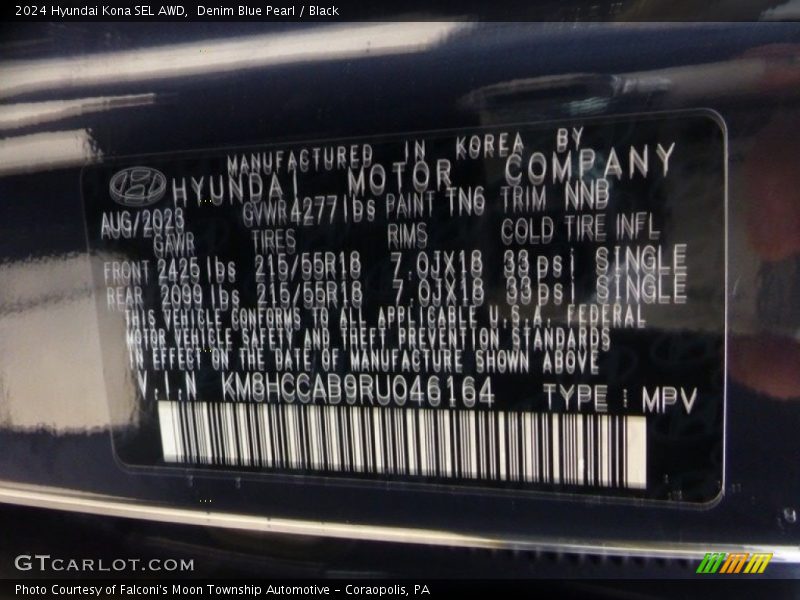 2024 Kona SEL AWD Denim Blue Pearl Color Code TN6