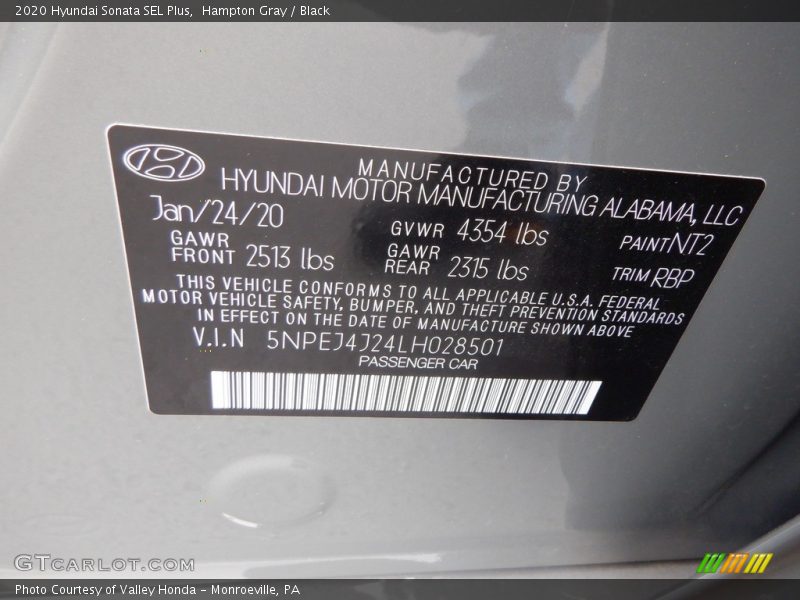 2020 Sonata SEL Plus Hampton Gray Color Code NT2
