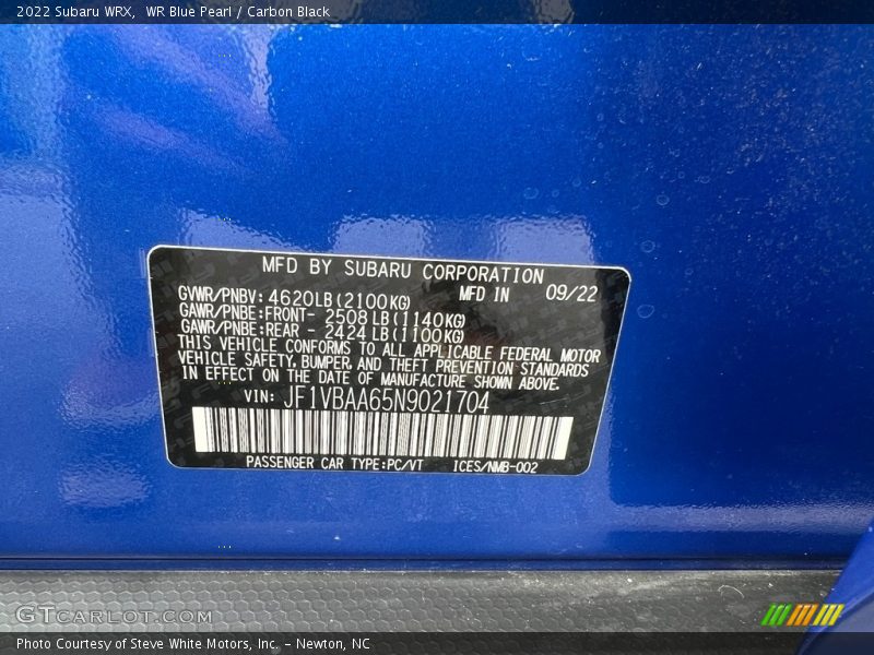 WR Blue Pearl / Carbon Black 2022 Subaru WRX