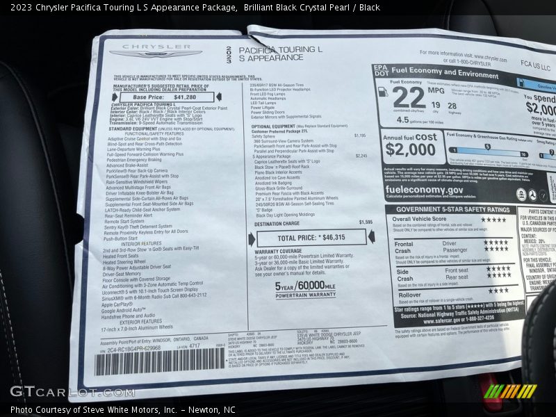  2023 Pacifica Touring L S Appearance Package Window Sticker