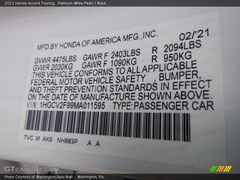 2021 Accord Touring Platinum White Pearl Color Code NH883P