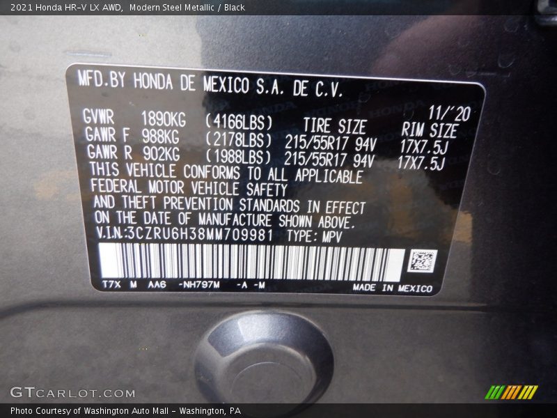 2021 HR-V LX AWD Modern Steel Metallic Color Code NH797M