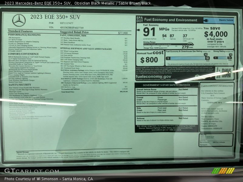  2023 EQE 350+ SUV Window Sticker