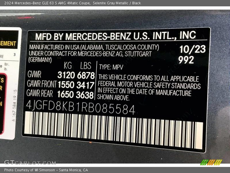 2024 GLE 63 S AMG 4Matic Coupe Selenite Gray Metallic Color Code 992