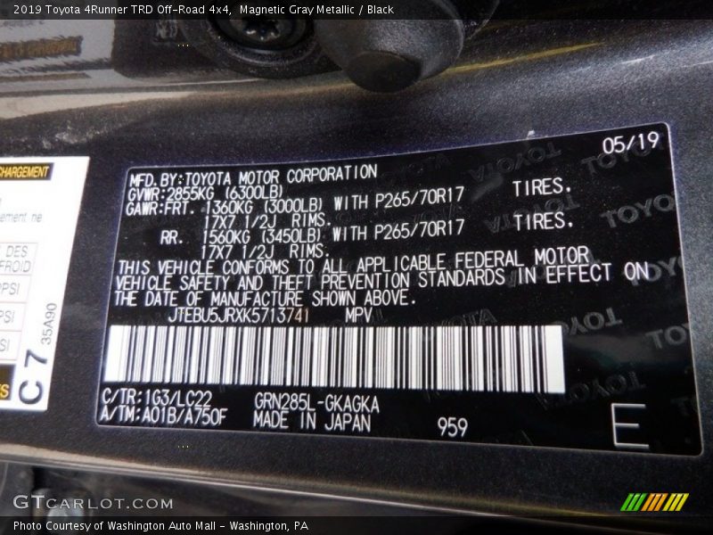 2019 4Runner TRD Off-Road 4x4 Magnetic Gray Metallic Color Code 1G3