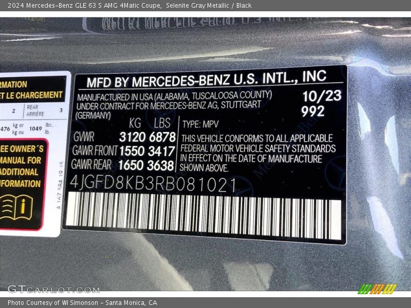 Selenite Gray Metallic / Black 2024 Mercedes-Benz GLE 63 S AMG 4Matic Coupe
