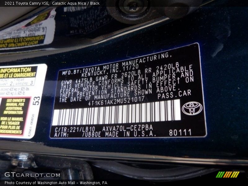 2021 Camry XSE Galactic Aqua Mica Color Code 221