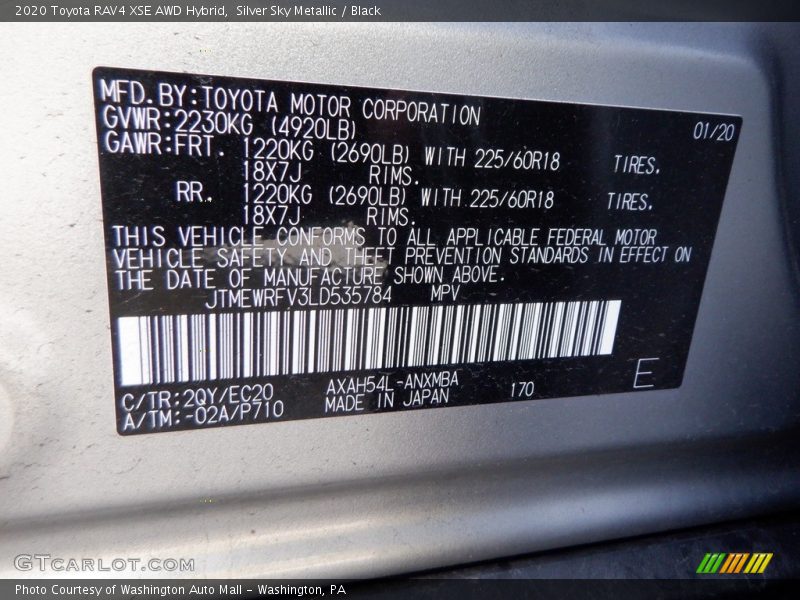 Silver Sky Metallic / Black 2020 Toyota RAV4 XSE AWD Hybrid