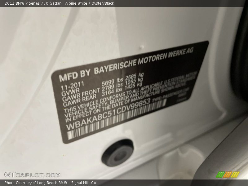 Alpine White / Oyster/Black 2012 BMW 7 Series 750i Sedan