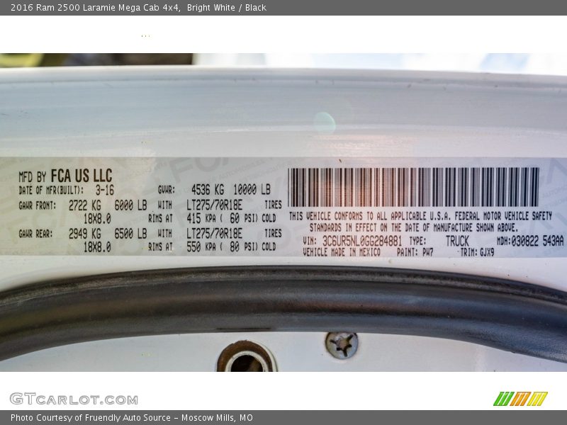 2016 2500 Laramie Mega Cab 4x4 Bright White Color Code PW7
