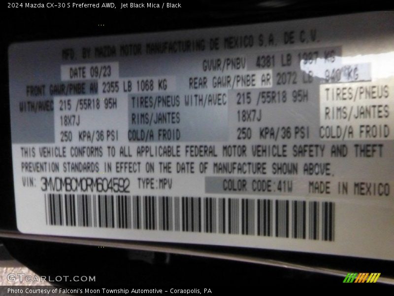2024 CX-30 S Preferred AWD Jet Black Mica Color Code 41W