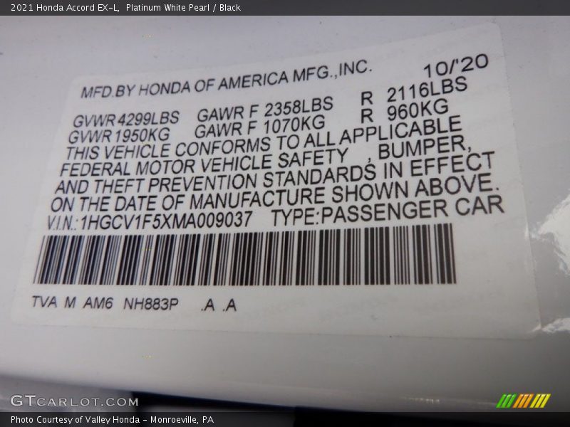 Platinum White Pearl / Black 2021 Honda Accord EX-L