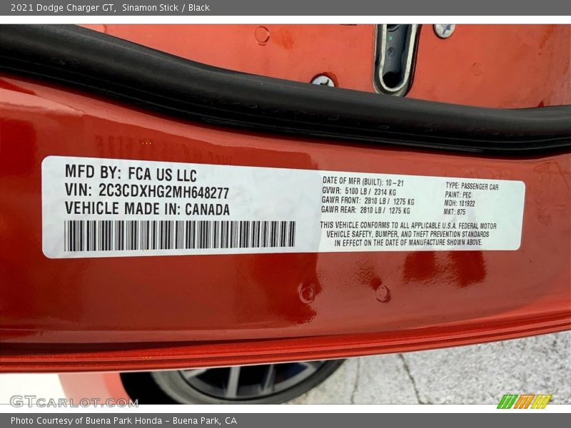 2021 Charger GT Sinamon Stick Color Code PEC