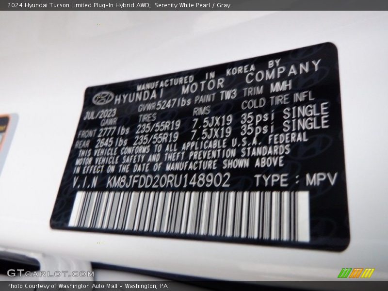 Serenity White Pearl / Gray 2024 Hyundai Tucson Limited Plug-In Hybrid AWD