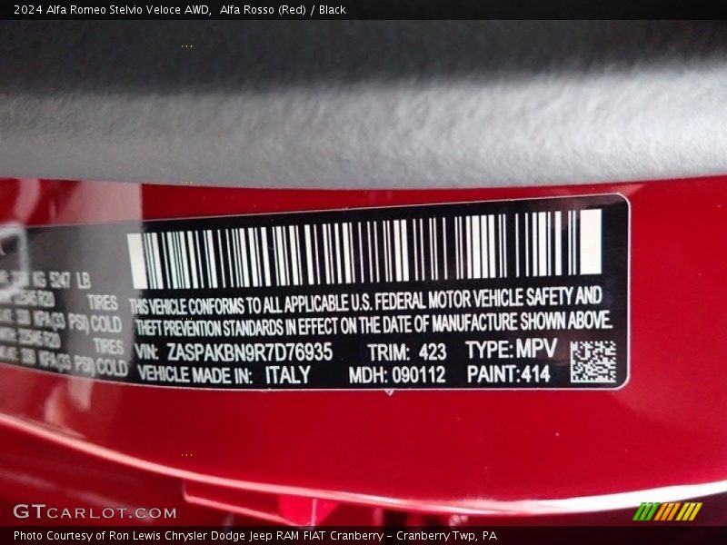 2024 Stelvio Veloce AWD Alfa Rosso (Red) Color Code 414
