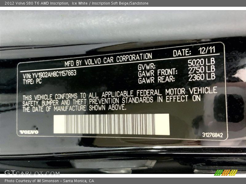 Ice White / Inscription Soft Beige/Sandstone 2012 Volvo S80 T6 AWD Inscription