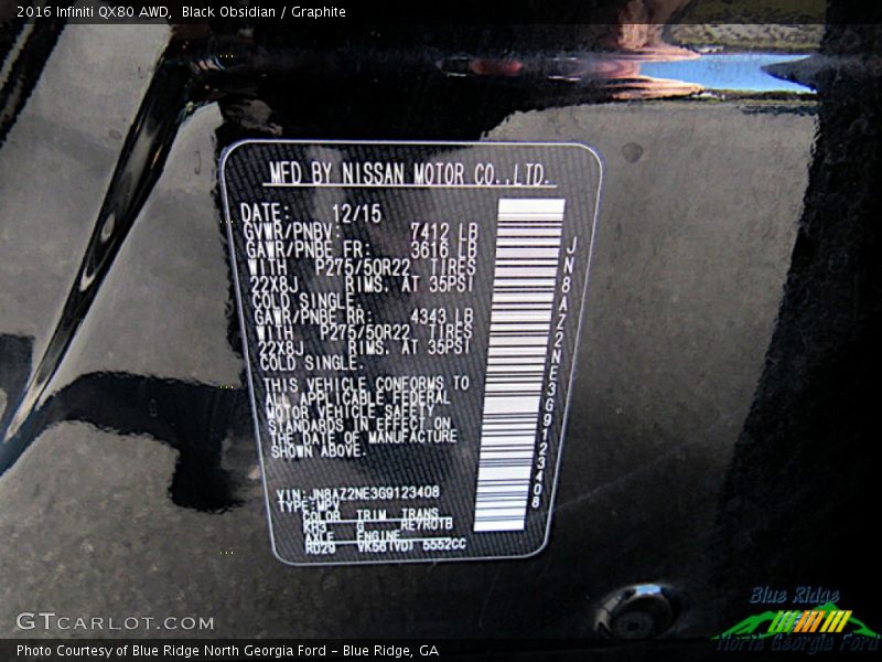 2016 QX80 AWD Black Obsidian Color Code KH3