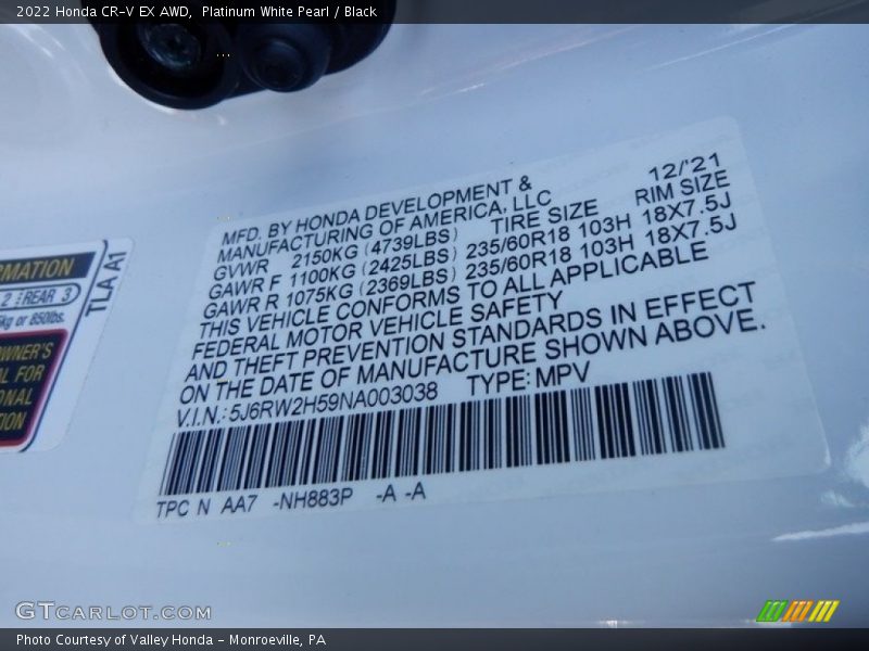2022 CR-V EX AWD Platinum White Pearl Color Code NH883P