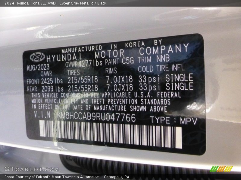 2024 Kona SEL AWD Cyber Gray Metallic Color Code C5G