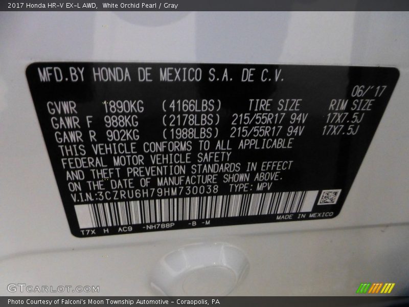 White Orchid Pearl / Gray 2017 Honda HR-V EX-L AWD