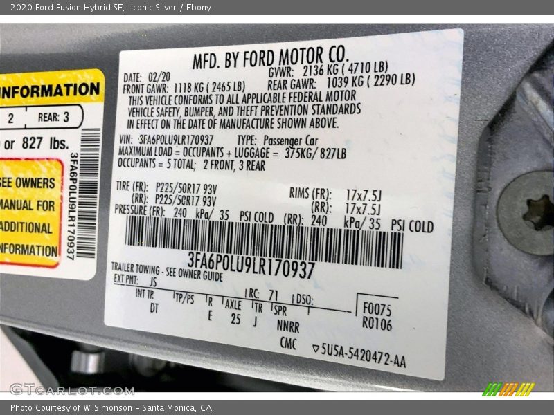 2020 Fusion Hybrid SE Iconic Silver Color Code JS