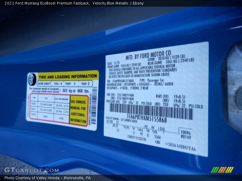 2021 Mustang EcoBoost Premium Fastback Velocity Blue Metallic Color Code E7