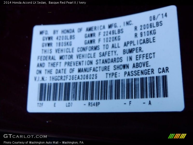 Basque Red Pearl II / Ivory 2014 Honda Accord LX Sedan
