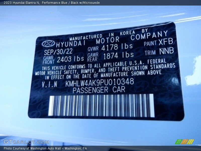 2023 Elantra N  Performance Blue Color Code XFB