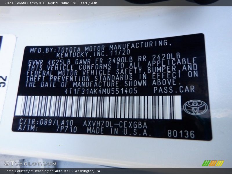 2021 Camry XLE Hybrid Wind Chill Pearl Color Code 089