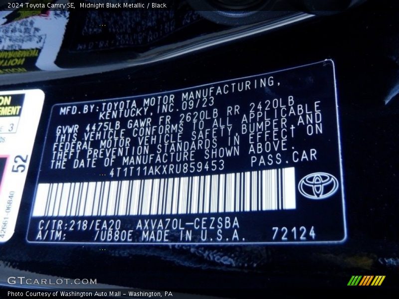 2024 Camry SE Midnight Black Metallic Color Code 218