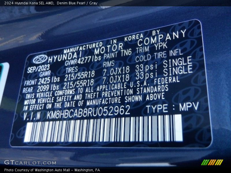 2024 Kona SEL AWD Denim Blue Pearl Color Code TN6