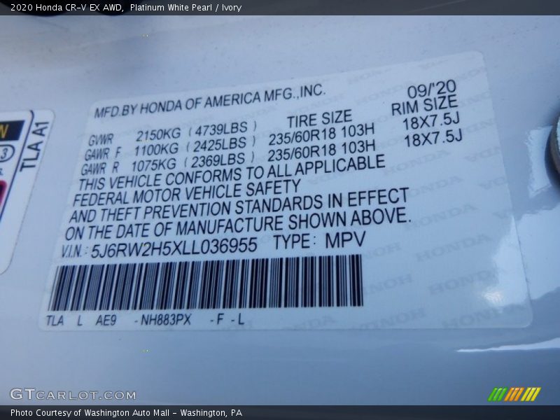 Platinum White Pearl / Ivory 2020 Honda CR-V EX AWD