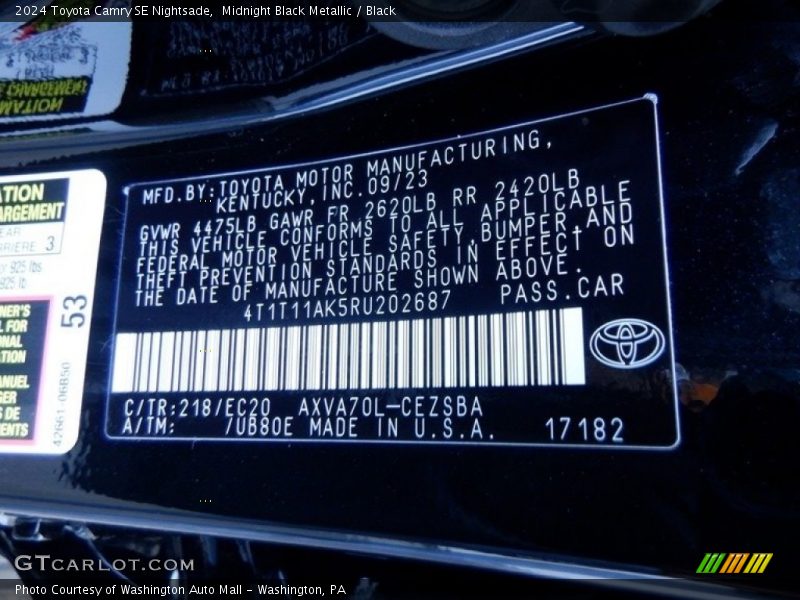 2024 Camry SE Nightsade Midnight Black Metallic Color Code 218