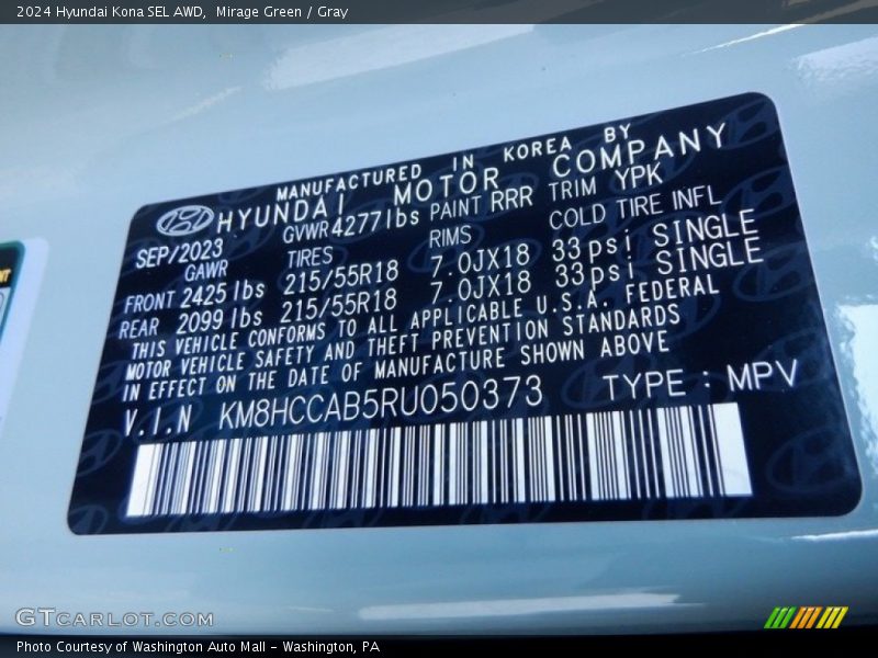 2024 Kona SEL AWD Mirage Green Color Code RRR