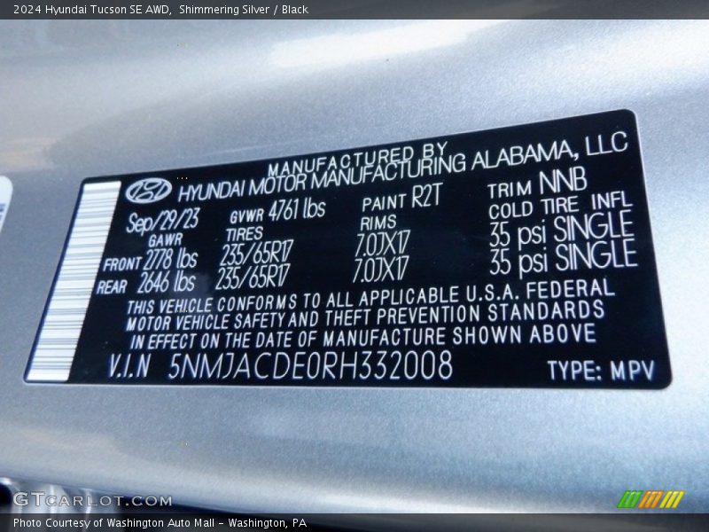 2024 Tucson SE AWD Shimmering Silver Color Code R2T