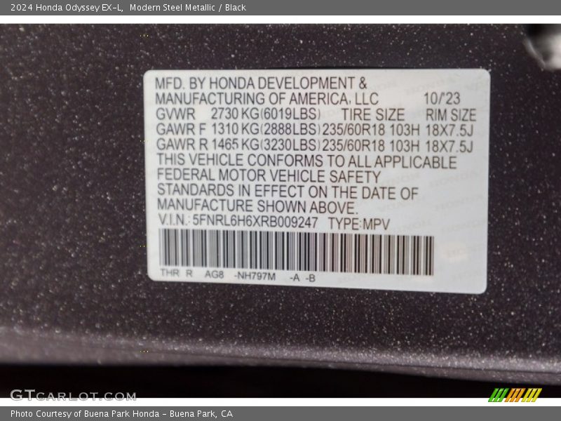 2024 Odyssey EX-L Modern Steel Metallic Color Code NH797M