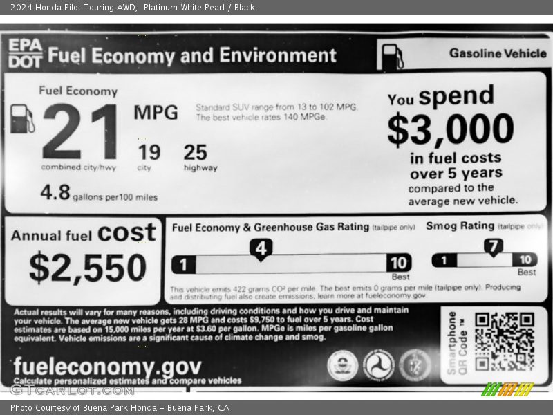 Platinum White Pearl / Black 2024 Honda Pilot Touring AWD