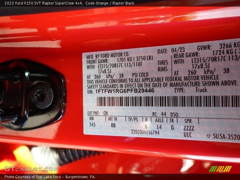 2023 F150 SVT Raptor SuperCrew 4x4 Code Orange Color Code CN