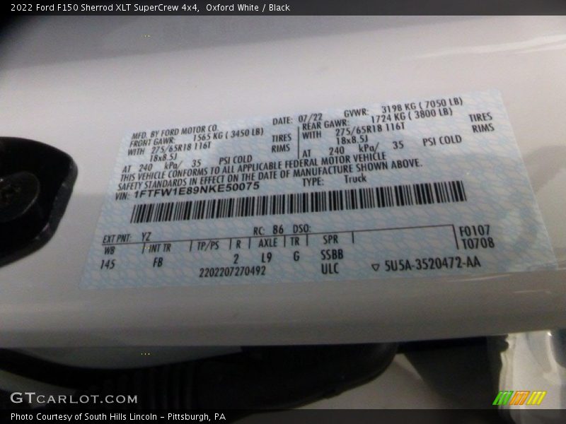 2022 F150 Sherrod XLT SuperCrew 4x4 Oxford White Color Code YZ