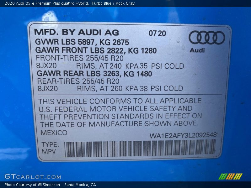 Turbo Blue / Rock Gray 2020 Audi Q5 e Premium Plus quattro Hybrid