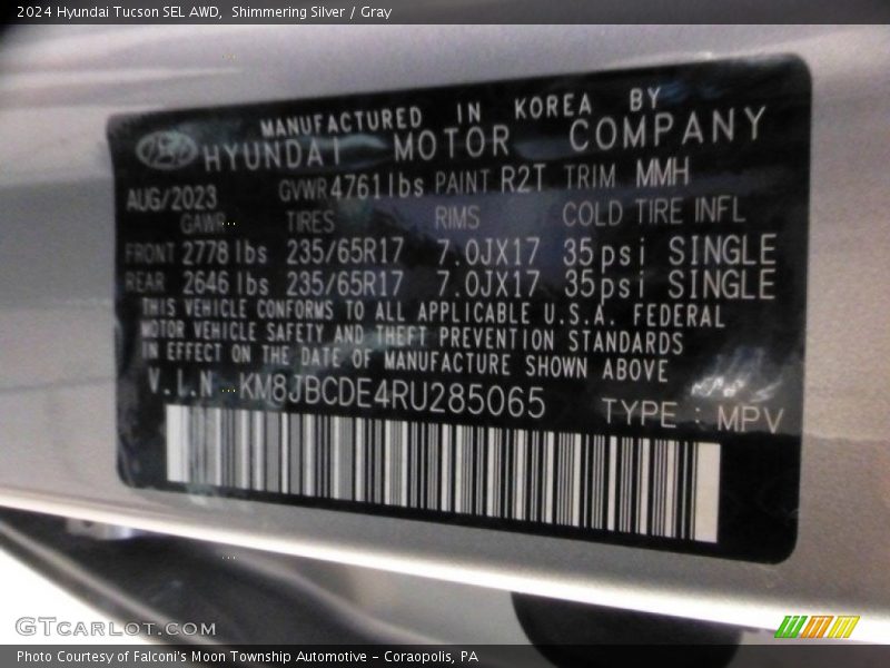 2024 Tucson SEL AWD Shimmering Silver Color Code R2T