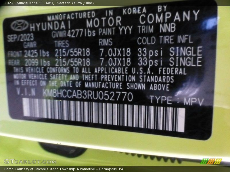 2024 Kona SEL AWD Neoteric Yellow Color Code YYY