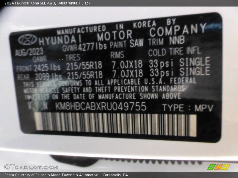 2024 Kona SEL AWD Atlas White Color Code SAW