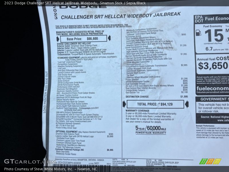  2023 Challenger SRT Hellcat JailBreak Widebody Window Sticker