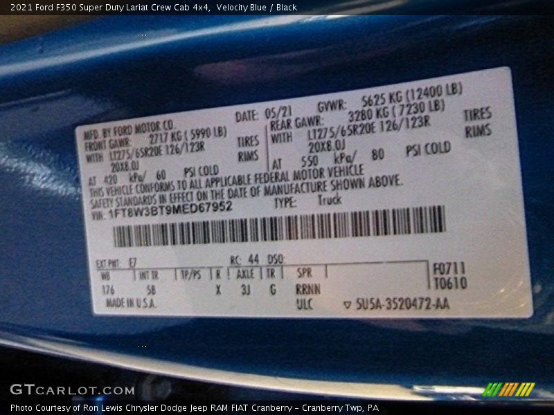 2021 F350 Super Duty Lariat Crew Cab 4x4 Velocity Blue Color Code E7